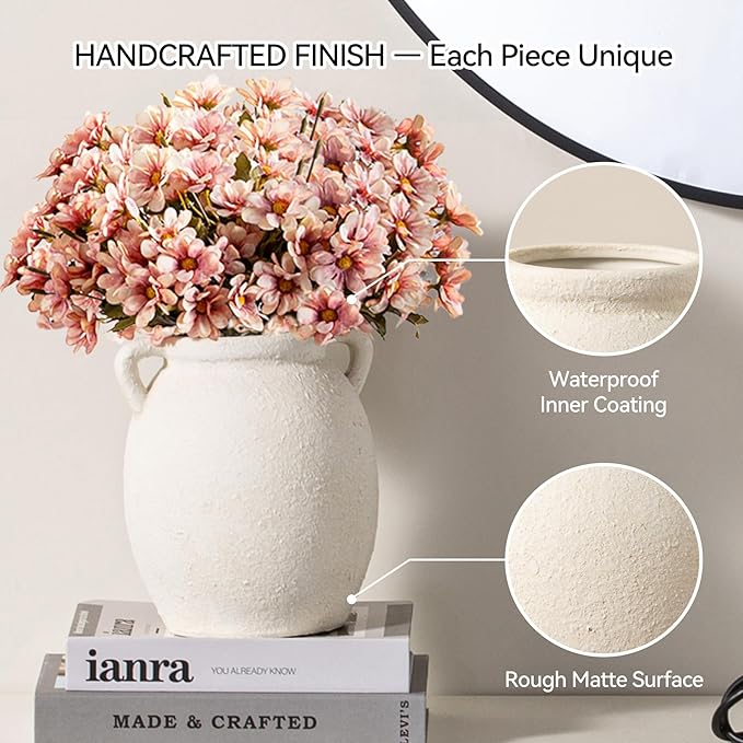 Ceramic Flower Vase 7.6 inch Farmhouse Rustic Vase Decorative Pottery Terracotta Vases for Home Decor Table Mantle Fireplace Living Room Bathroom Wedding Centerpiece (White-Upgraded)