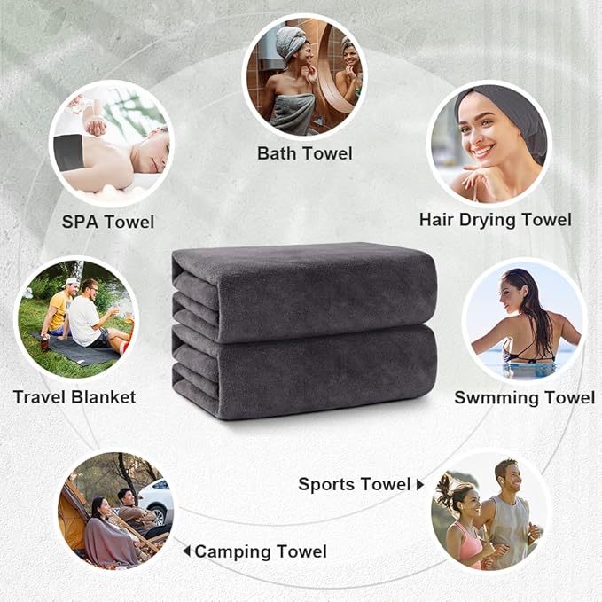 Orighty Bath Towels Pack of 2 - Soft Feel Grey Bath Towel Sets, Highly Absorbent Microfiber Towels for Body, Quick Drying, Microfiber Towel for Sport, Yoga, SPA, Fitness, (27’’ x 54’’)