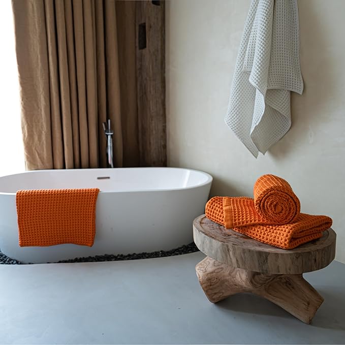 Luxury Japanese Cotton Silk Waffle Bath Towel | Plush, Absorbent, and Quick Dry (Coral Orange, Face Towel (6 Pack))