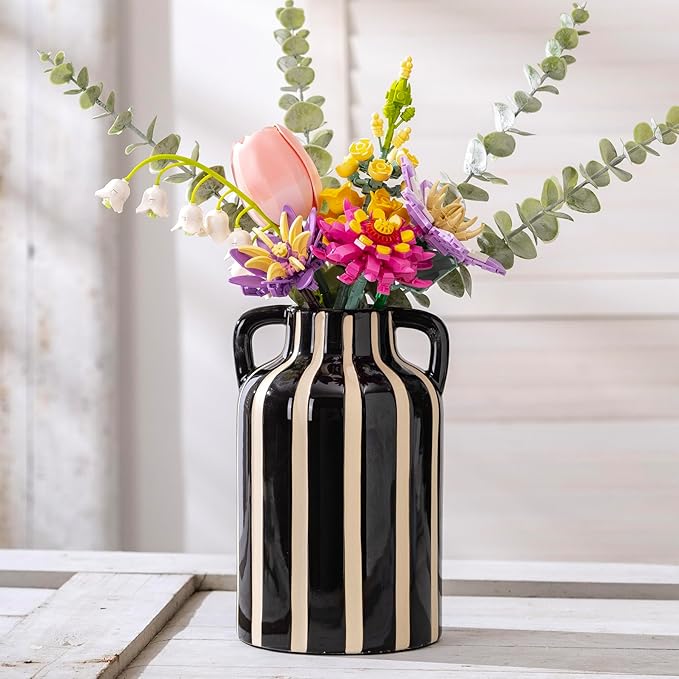 Black and White Vase with Handles, Ceramic Modern Flower Decorative Vases for Home Decor, Mantle, Rustic Table Centerpiece, Large Vases for Decor Living Room, Black Stripes Vase for Bouquet 9.1 in