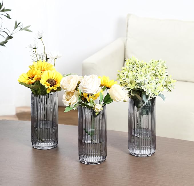 Black Glass Vases, Flower Vases Set of 3, Ribbed Glass Vase for Tulips, Tall Cylinder Glass Vases for Living Room, Bedroom, Dining Table, Office, Wedding, Bookshelf Decoration, 8 Inches