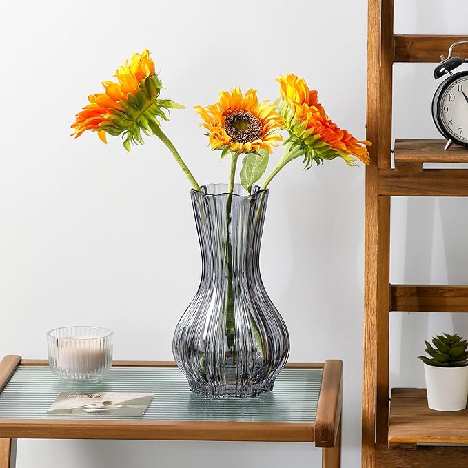 8" Decorative Modern Flower Vase with Twine Rope for Floral Arrangements, Wide Mouth Large Clear Glass Vase for Bouquet(Transparent) (Grey, 01)