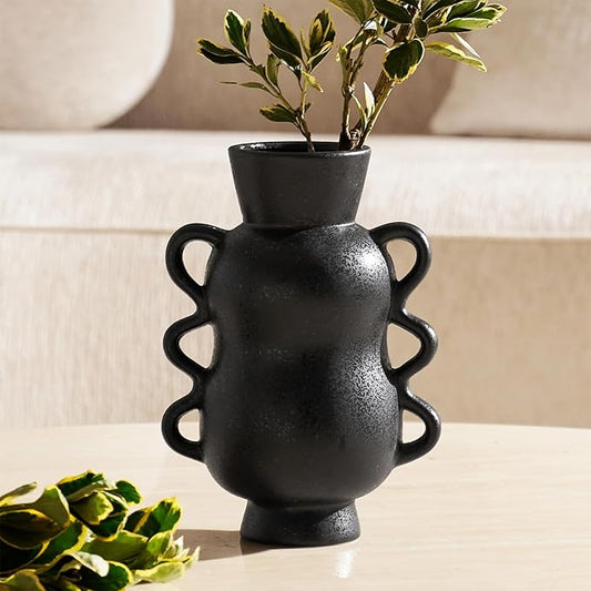 DN DECONATION Black Ceramic Vase Home Decor with Wave Handles, 10'' Tall Rustic Farmhouse Flower Vase for Table Centerpiece, Bookshelf, Living Room, Office, Modern Nordic Minimalist Decorative Vases