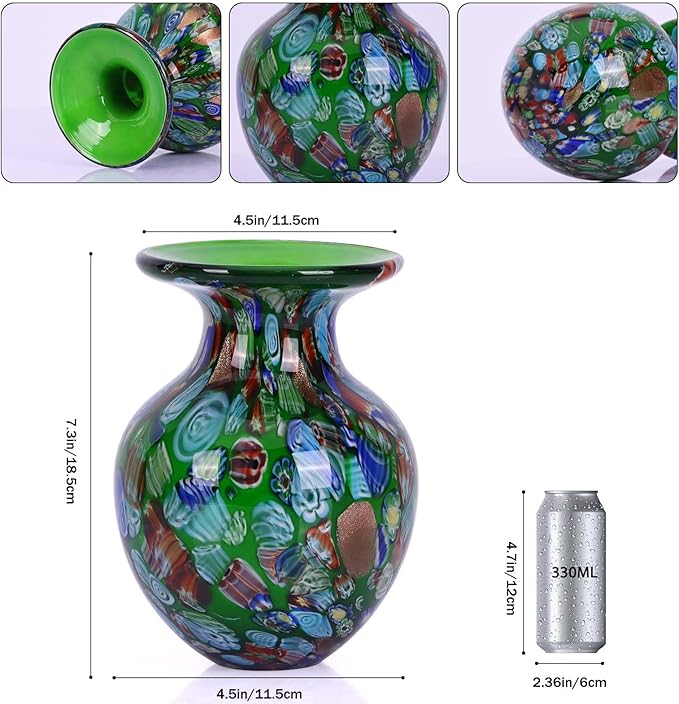 Hand Blown Glass vase, Colorful Glass Decorative vase, Glass Art Green vase for Bookshelf Coffee Table Floor Mantelpiece Entry Table top TV Stand and Dining Table Centerpiece Decorative vase.