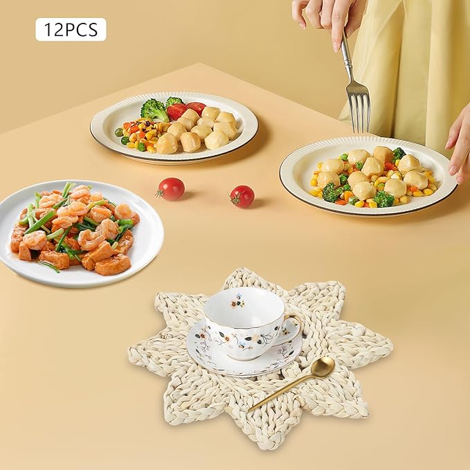 12pcs Round Placemats, Woven Rattan Table Mats, Non-Slip Woven Placemats for Indoor Kitchen Dining Table Party