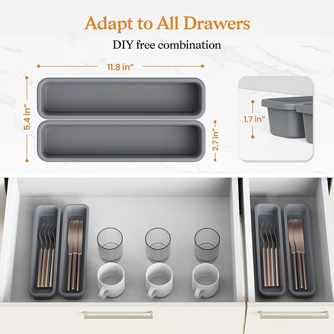2 Pack Silicone Silverware Organizer, DIY Free Combination Utensil Drawer Organizer, Silverware Drawer Organizer, Flatware Cutlery Tray for Spoons Forks. Anti-slip and Environmentally Design (Grey)