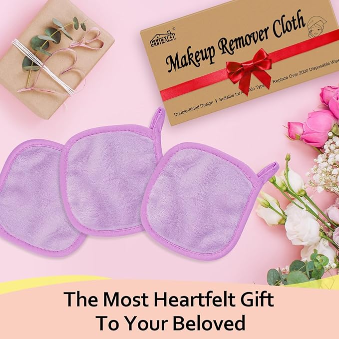HOMEXCEL Makeup Remover Cloth 12 Count (Pack of 1), Reusable Makeup Remover Pads, Washable Ultra Soft Facial Cleansing Cloths For All Skin Types, 5 X 5 In, Purple