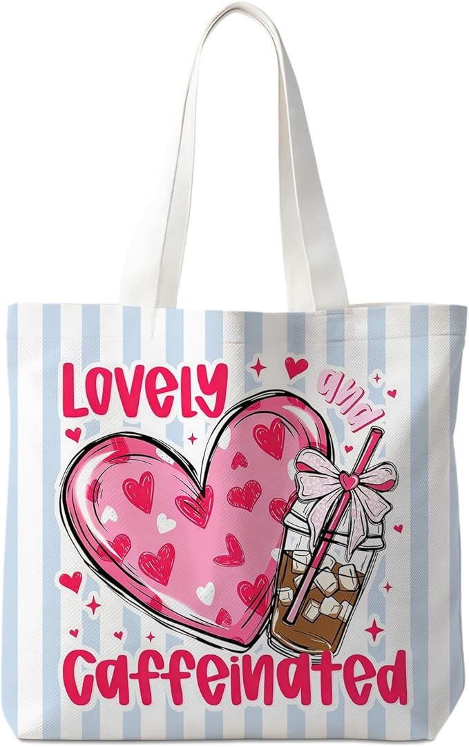 Animals-Flowers-Fruits-Bow Valentines Canvas Heart Tote Bag, Coquette Reusable Shopping Grocery Bags