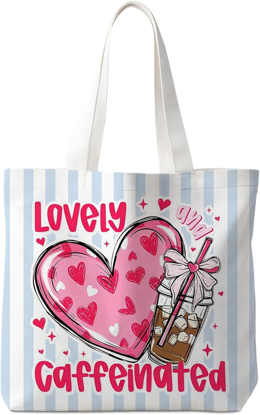 Animals-Flowers-Fruits-Bow Valentines Canvas Heart Tote Bag, Coquette Reusable Shopping Grocery Bags