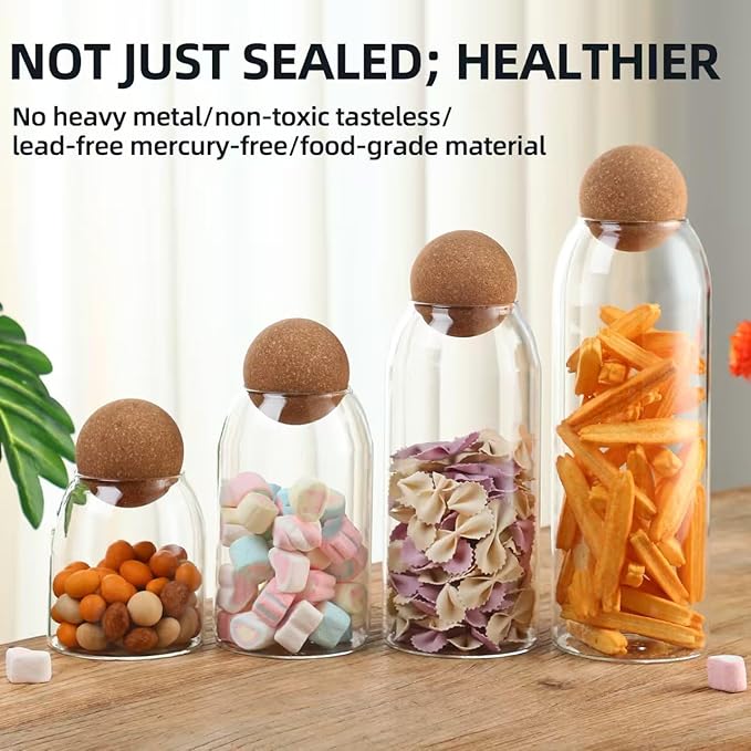 Glass Storage Jar with Ball Cork Lid, Clear Glass Canisters with Cork Ball,3Pcs High Borosilicate Glass Sealed Jar 16oz 26oz 36oz, Used for Storing Candies, Salt, Tea, Seasonings, Cookies, etc