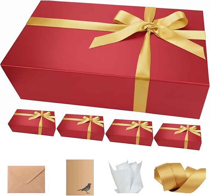 CECOBOX - Gift Boxes with Lids for Presents 11"x7.5"x3" - Matte, Collapsible Magnetic Closure Gift Box - Groomsmen & Bridesmaid Proposal Boxes, Wedding, PR, Birthdays, Holidays (Red)