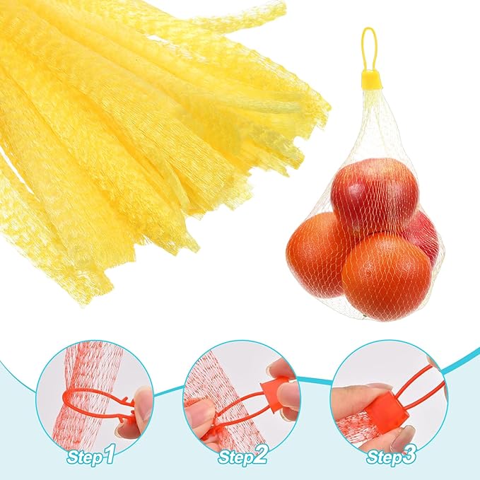 uxcell 100 Pcs Reusable Mesh Produce Bags, 35cm/14 Inch Washable Net Storage Bags Reusable Grocery Reusable Storage Bags with Plastic Buckle for Fresh Fruit Vegetables Seafood, Yellow