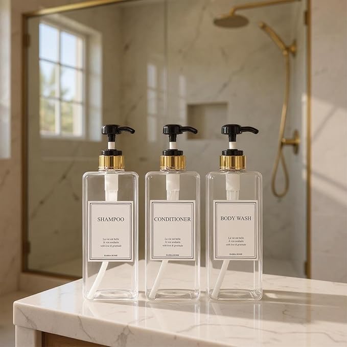 Modern Gold Design Large 27 oz Shampoo and Conditioner Dispensers - Empty Plastic Refillable Pump Bottle Set for Bathroom Shower Soap Dispenser, Gift Box Included, Set of 3 (Clear & Black)