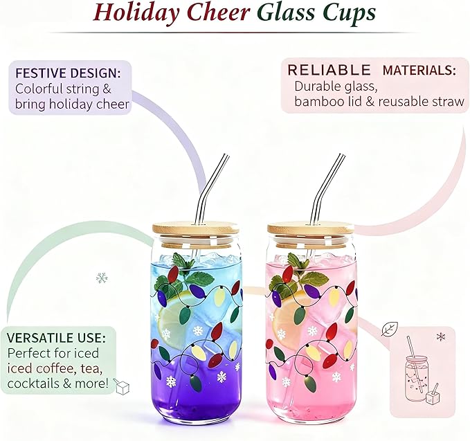 CHRISTMAS CUP WITH LID AND STRAPS 18 OZ Color Changing Christmas Lights for Party Glass Christmas Cups