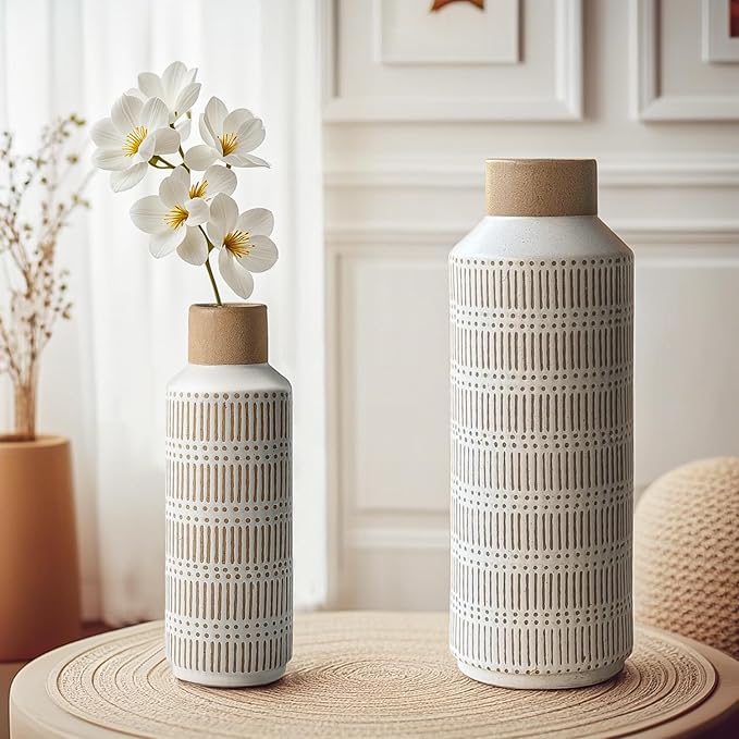 Rustic Ceramic Vase Set of 2 for Living Room Bedroom 15.75'' and 11.02'' Farmhouse Flower Bouquet Vases for Fake Plant Home Decor Office Fireplace Centerpieces Retro Vintage Modern Gift