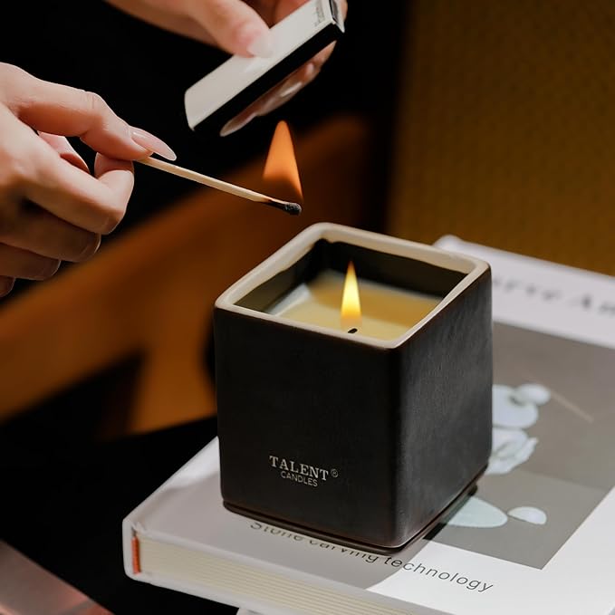 Candles for Home Scented, Modern Rustic Ceramic Candle Jar, Soy Candles Non Toxic in Elegant Ceramic Jar, Dark Leather & Oud