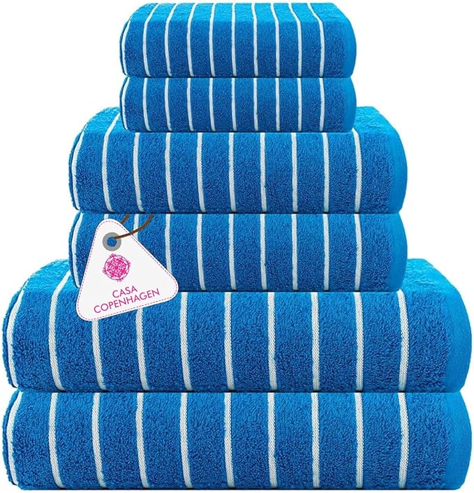 CASA COPENHAGEN Ecstatic 6 Pieces Towel Set- Electric Blue, 600 GSM 2 Bath Towel 2 Hand Towel 2 Washcloth, Designed in Denmark Made of Soft Egyptian Cotton for Bathroom, Kitchen & Shower