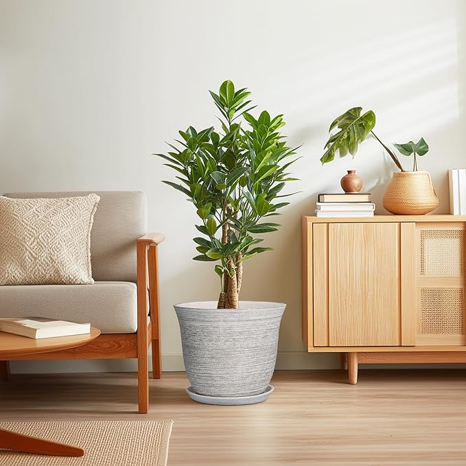 Ceramic Planter - 12 Inch Plant Pot with Drainage Hole and Saucer, Round Large Plant Pots for Indoor Outdoor, Modern Decorative Flower Pots, Garden Room Home Decor, Housewarming Gifts, Grey