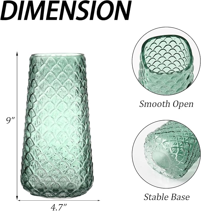 Glass Vase, Green Flower Vase for Bouquet, Large Glass Vases for Flowers, Modern Vases for Living Room, Bedroom, Dining Table, Office, Kitchen, Wedding, 9 Inches