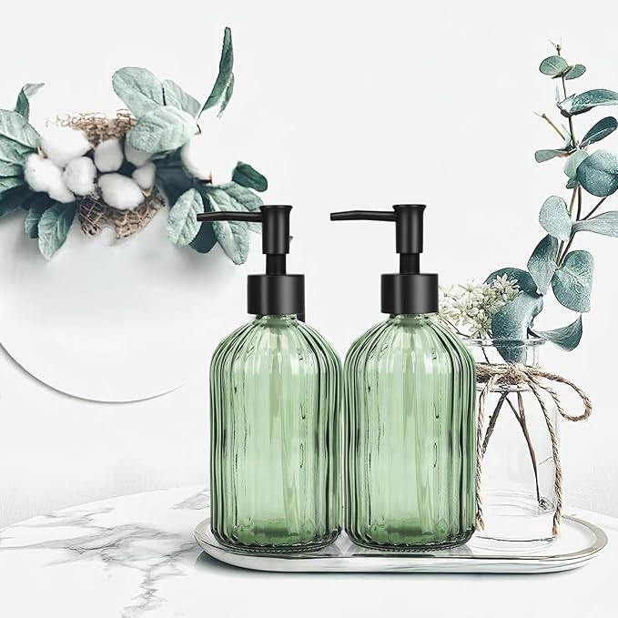 Glass Soap Dispenser with Plastic Pump, Hand Soap Dispenser for Hand Wash, Lotion Dispenser for Dishwashing Liquid, Lotion Shower Gel (Green)