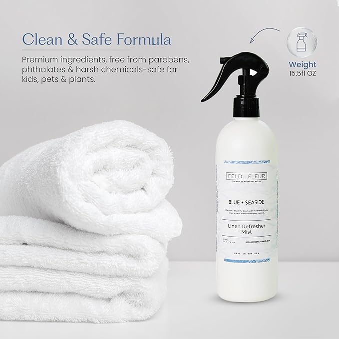 FIELD FLEUR Blue Seaside Linen & Room Spray 15.5 oz - Aromatic & Refreshing Bedding & Fabric Mist - Air Freshener for Clothes & Sofas - Notes of Citrus, Oceanic Breeze & Sugary Coconut -Made in USA