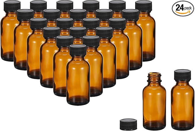 PATIKIL 1oz(30ml) Glass Sample Bottles, 24Pcs Round Bottle Dispensing Bottles with Black Poly Cone Cap for Reagent Liquids, Essential Oils, Perfume, Amber
