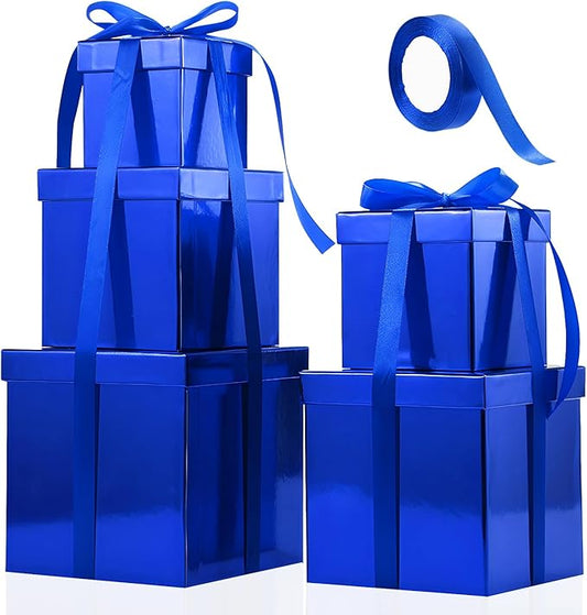Cholemy 5 Pcs Square Nesting Boxes Decorative Gift Boxes with Lid and Ribbon Assorted Sizes Wrap for Wedding, Thanksgiving, Christmas, Anniversary, Birthday, Bridal Party(Shiny Blue)