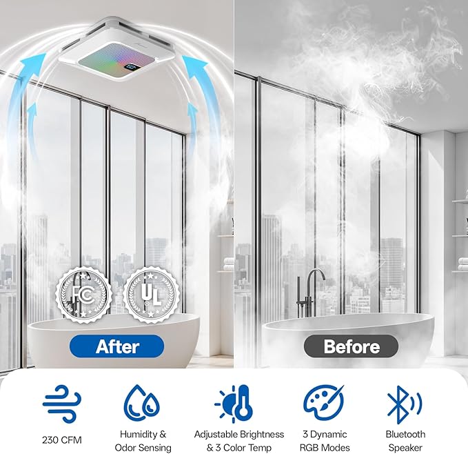 Smart Bathroom Exhaust Fan with Bluetooth Speaker, 230 CFM 1.0 Sone Exhaust Fan with Humidity & Odor Sensor, Remote/App/Voice Control, Adjustable LED Lighting & Dynamic RGB Mood Light (Grey)