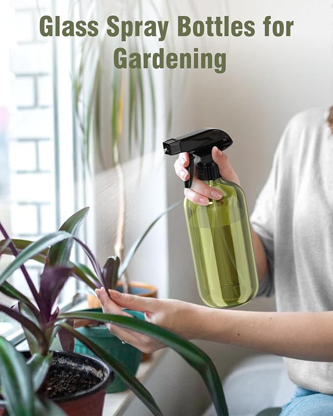 Glass Spray Bottle, Olive Green Glass Spray Bottle Set & Accessories Refillable for Plants Window Cleaners Aromatherapy Facial Hydration Watering Flowers Hair Care (2 Pack/16 oz) (Olive Green