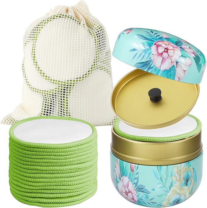 Reusable Makeup Remover Pads - 16 Packs Natural Bamboo Cotton Rounds Eco-Friendly for All Skin Types with Cotton Laundry Bag & Fashionable Metal Box，Green