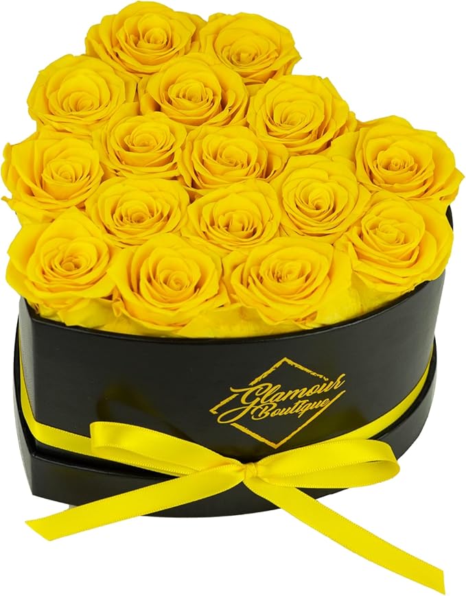 GLAMOUR BOUTIQUE 16 Flower Forever Heart Shape Box - Preserved Roses Gift for Her, Preserved Flowers, Yellow