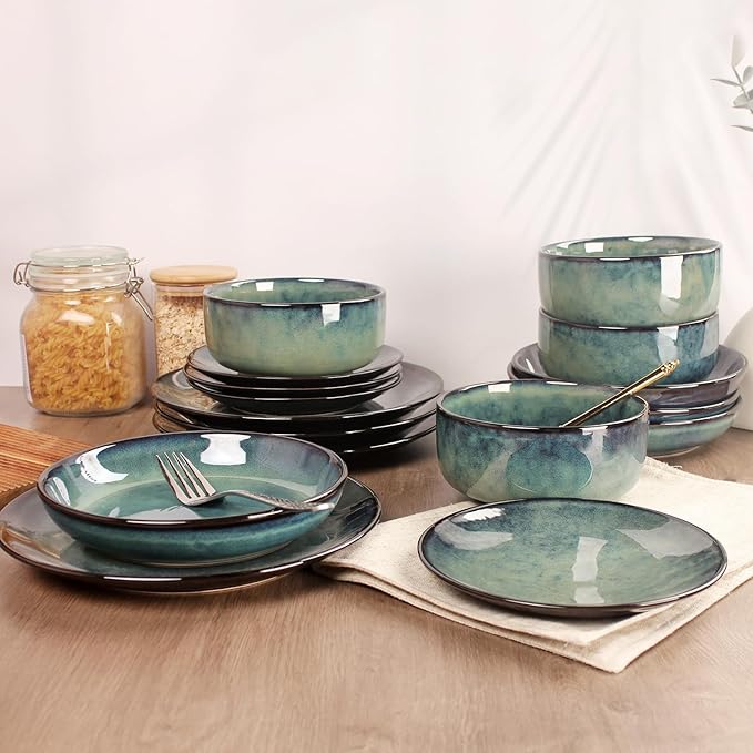 Ceramic Dinnerware (16 pcs) Serve 4 people, Plates and Bowls Sets, Reactive Glaze Dishes Set, Chip Resistant and Scratch Resistant, Dishwasher Microwave Safe, Suitable for dinner, parties