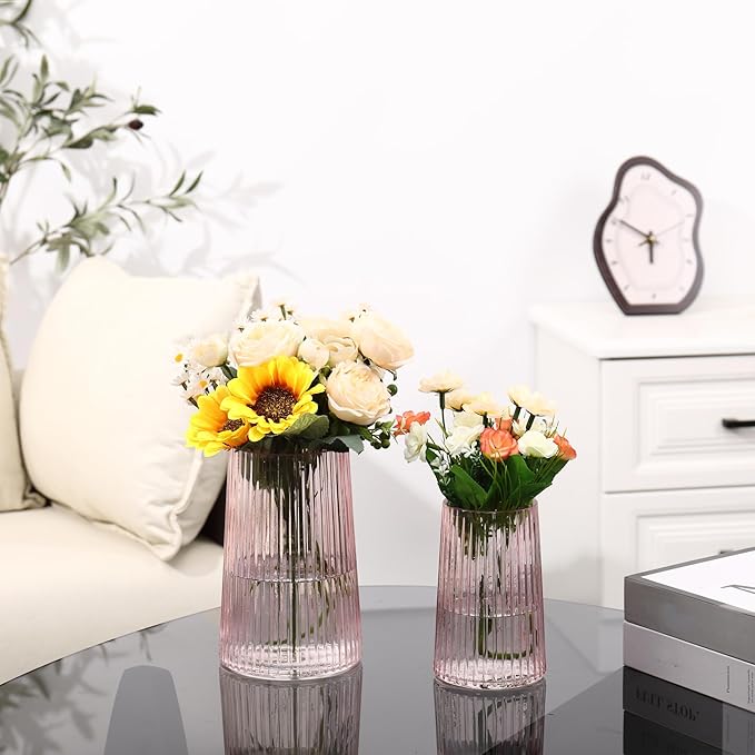 Ribbed Flower Vases Set of 2, Pink Vases for Flowers, Flower Vase for Bouquet, Modern Ribbed Glass Vase for Living Room, Bedroom, Dining Table, Office, Wedding, Centerpieces