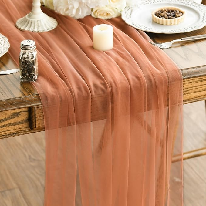 Artoid Mode 6PCS Terracotta Gauze Table Runner 120 Inch 10FT, Seasonal Sheer Kitchen Dining Holiday Wedding Birthday Baby Shower Table Decor for Home Party
