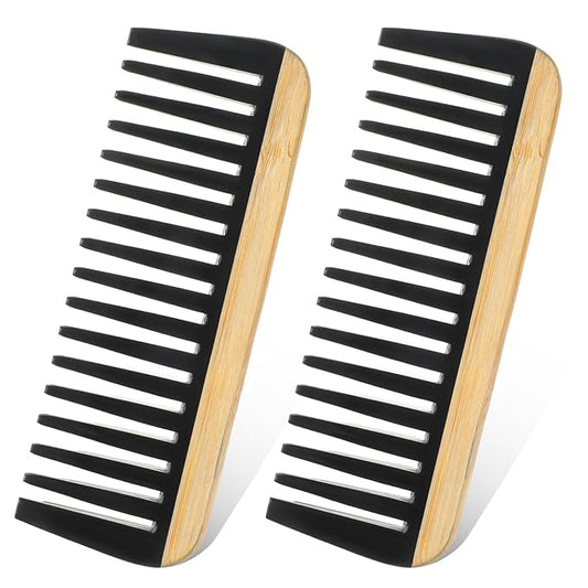 2 PCS Bamboo Wide Tooth Comb for Curly Hair, Anti-Static Wooden Detangling Comb for Curly Wet Thick Hair with Bakelite Teeth for Women Men