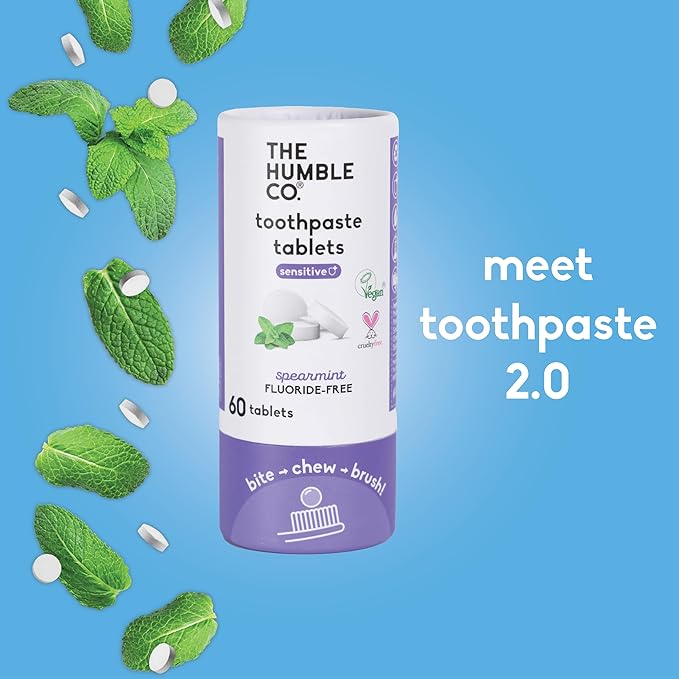 The Humble Co Sensitive Chewable Toothpaste Tablets, Spearmint - Fluoride-Free Toothpaste Tabs for Sensitive Gums & Teeth - Bite, Chew, Brush - Travel-Friendly Dental Oral Care & Hygiene - 180 Count