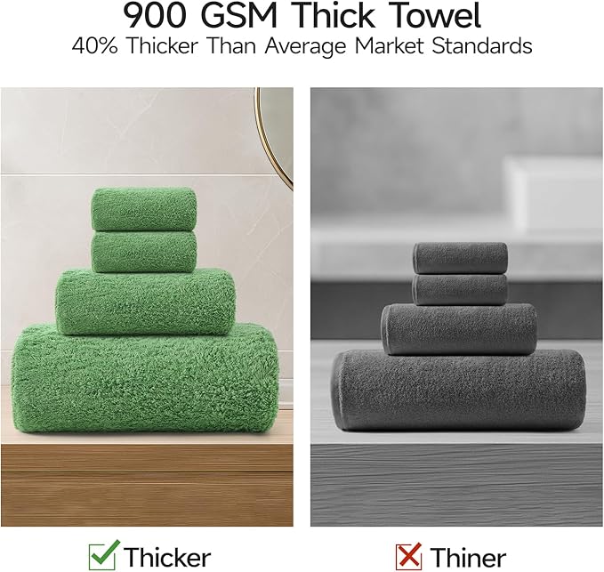 REDKISS Ultra-Plush Bath Towel Set, 900GSM Premium Thick Cotton for Bathroom & Spa, Super Absorbent Quick-Dry Bath Sheets with No Shedding (4-Piece Set for Adults, Luxury Hotel & Home Use)-Grass Green