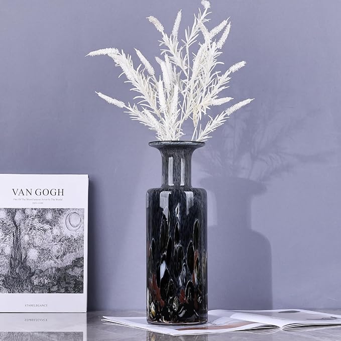 Blown Glass Cylindrical vase, Modern Art Glass Tall vase for Home Decoration Table Centerpiece, Wedding, Living Room Coffee Table, entryway Entry Table top, TV Cabinet Decoration and Ornament. (Grey)