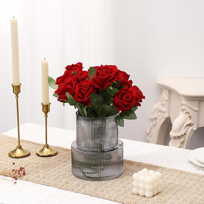 Black Glass Vase, Ribbed Glass Vase for Tulips, Flower Vases for Bouquet, Black Modern Vases for Living Room, Dining Table, Entryway, Mantle, Shelf, Wedding, Office, 7.5 Inches