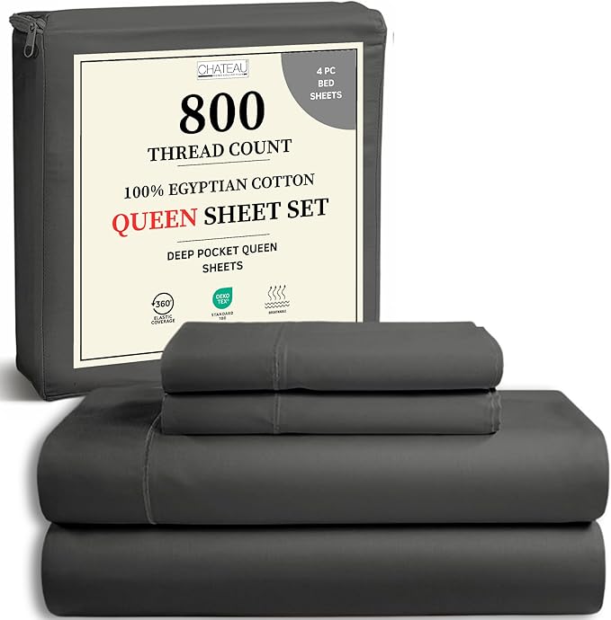 800 Thread Count Egyptian Cotton Sheets Queen Sheet Set Deep Pocket,100% Cotton Bed Sheets Queen Size Set, No Pill Soft & Comfy Naturally Cool Breathable Elasticated Sheet & Pillowcase Sets- Charcoal