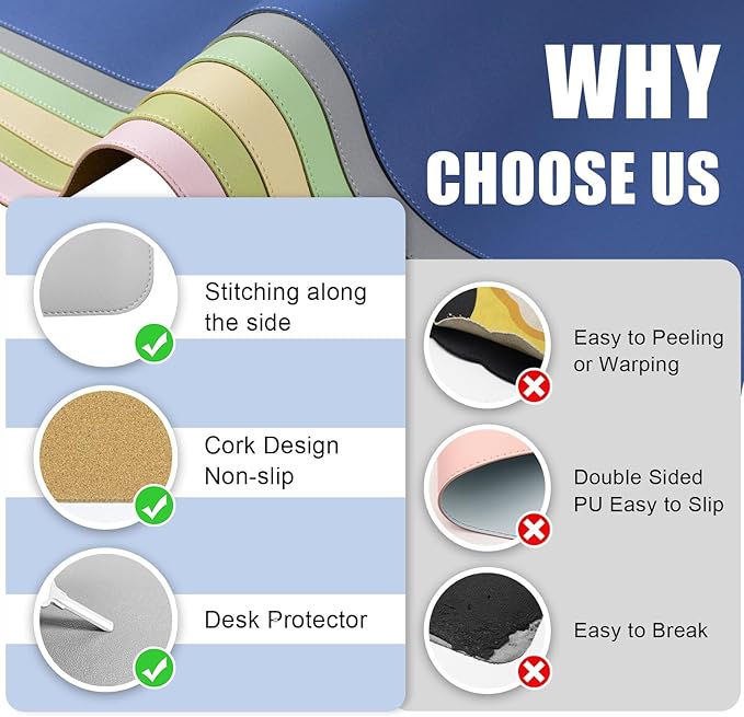 Non Slip Desk Mat, 31.5" x 15.7" PU Leather Desk Pad, Cork Desk Mat for Desktop, Desk Pad for Keyboard and Mouse, Ideal for Office and Home, Light Grey