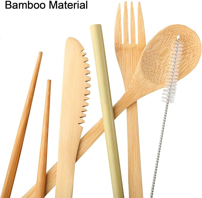 Boao 4 Sets Bamboo Utensils Wooden Utensils Set Japanese Style Reusable Cutlery Travel Chopsticks Fork Spoon Straw Portable Utensil Case for Travel Hiking Picnic Camping Cooking Kitchen(Chic Style)