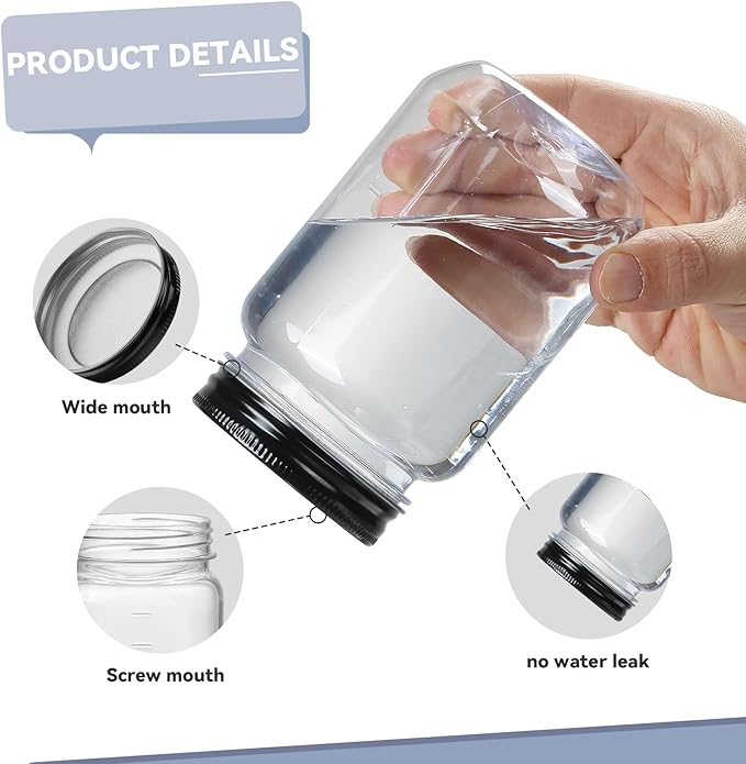 novelinks 16 oz Clear Plastic Jars with Screw-On Lids - BPA-Free Refillable Storage Containers for Slime, Food, Crafts, Kitchen & Household Use (20 Pack,Black)