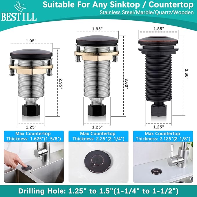 BESTILL Garbage Disposal Air Switch Kit - UL Listed, Brass 3.6" Long Push Button for Waste Disposer, Cordless Sink Top Switch Button, Oil Rubbed Bronze