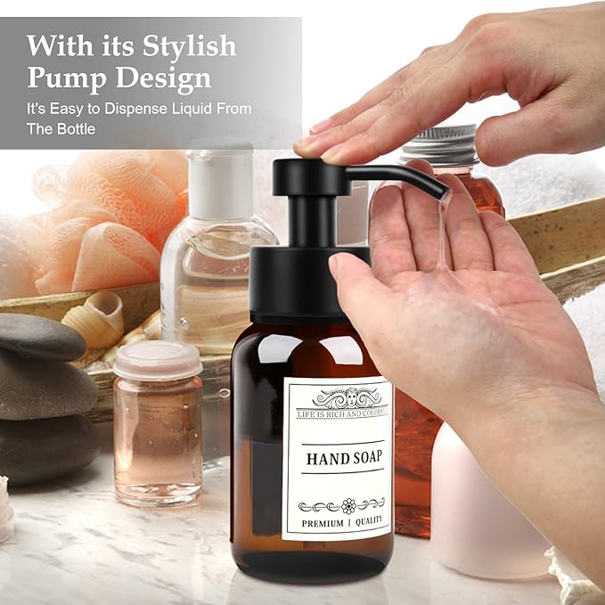 Glass Soap Dispenser with Pump and Wall Mount Holder,8.5 Oz Shampoo and Conditioner Dispenser with Waterproof Labels(Brown)