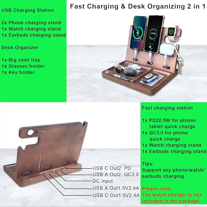 Wood Phone Docking Station Nightstand Organizer Charging Station with QC 3.0 & PD22.5W USB C Charger Fast Charging for iPhone Samsung Android Watch Airpod Anniversary Birthday Gifts for Men
