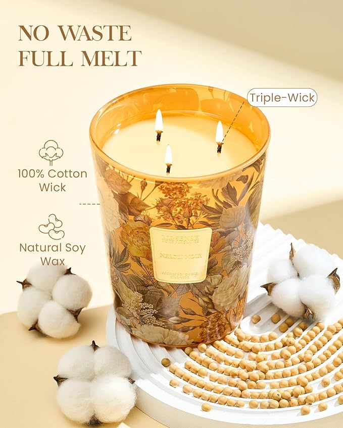 M&SENSE Neroli Noir Scented Candle 3 Wick 35oz 150H Long Lasting, Natural Soy Candles Fall Winter Stress Relief Calm Home Fragrance Festival Thanksgiving Christmas Housewarming Gifts for Home Decor