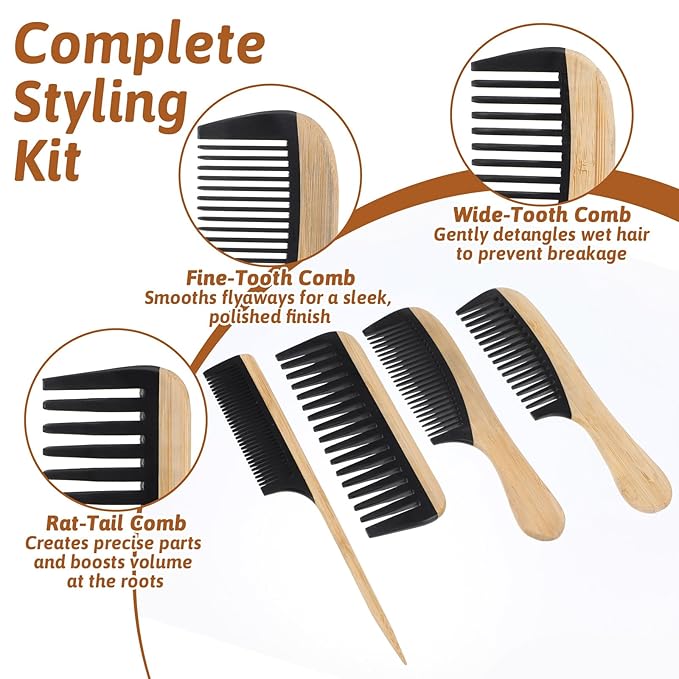 4 Pcs Natural Handmade Bamboo Hair Combs Set, Wide Tooth Fine Tooth Rat Tail Wooden Combs for Women Men Anti-Static for All Hairstyles and Beard