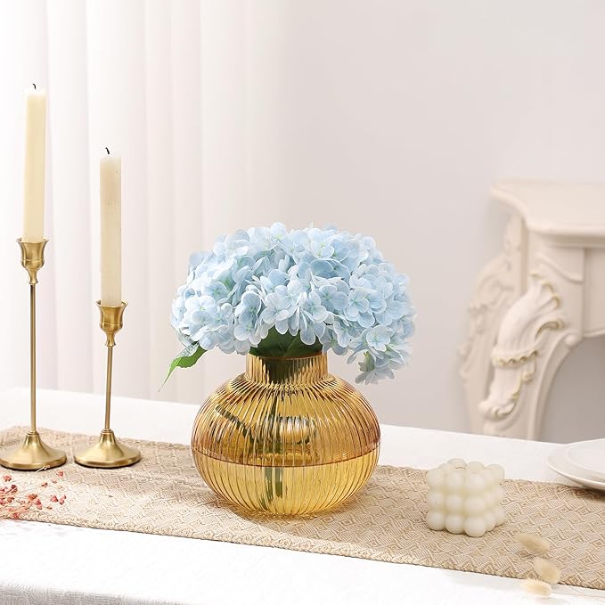 Amber Glass Vase for Tulips, Ribbed Glass Vase for Flowers, Round Flower Vases, Small Short Vases for Living Room, Office, Coffee Table, Shelf, Wedding, 6 Inches