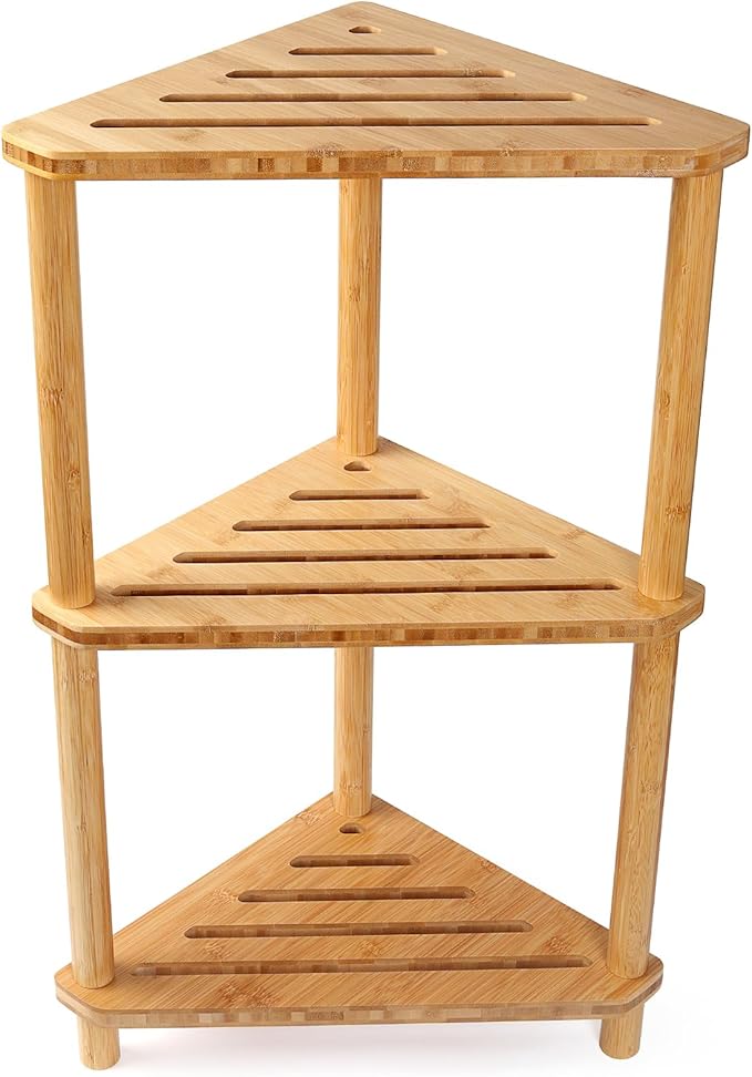 Bamboo Corner Shower Caddy Stand 3-Tier Waterproof,Free Standing Corner Shelf Shower Stool Organizer for Inside Shower,Space-Saving Storage Shelf with Anti-Slip Feet